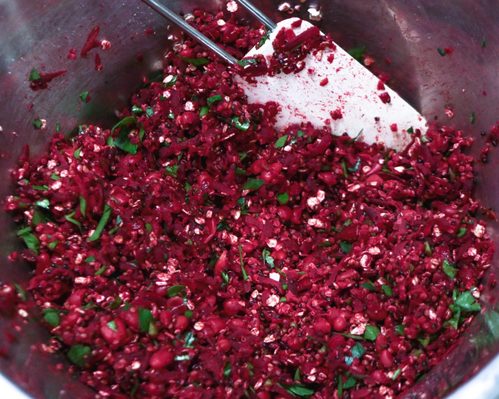 Delicious vegan Red Beet, White Bean &Quinoa Burger before forming into patties