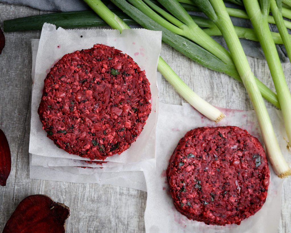 Delicious vegan Red Beet, White Bean &Quinoa Burger from above, uncooked