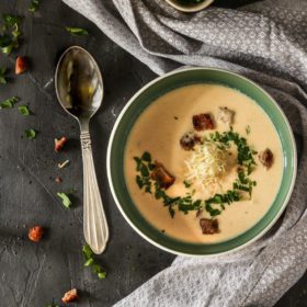 creamy horseradish soup served with homemade croutons and parsley