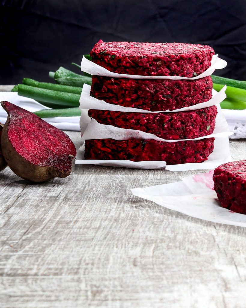 Delicious vegan Red Beet, White Bean &Quinoa Burger