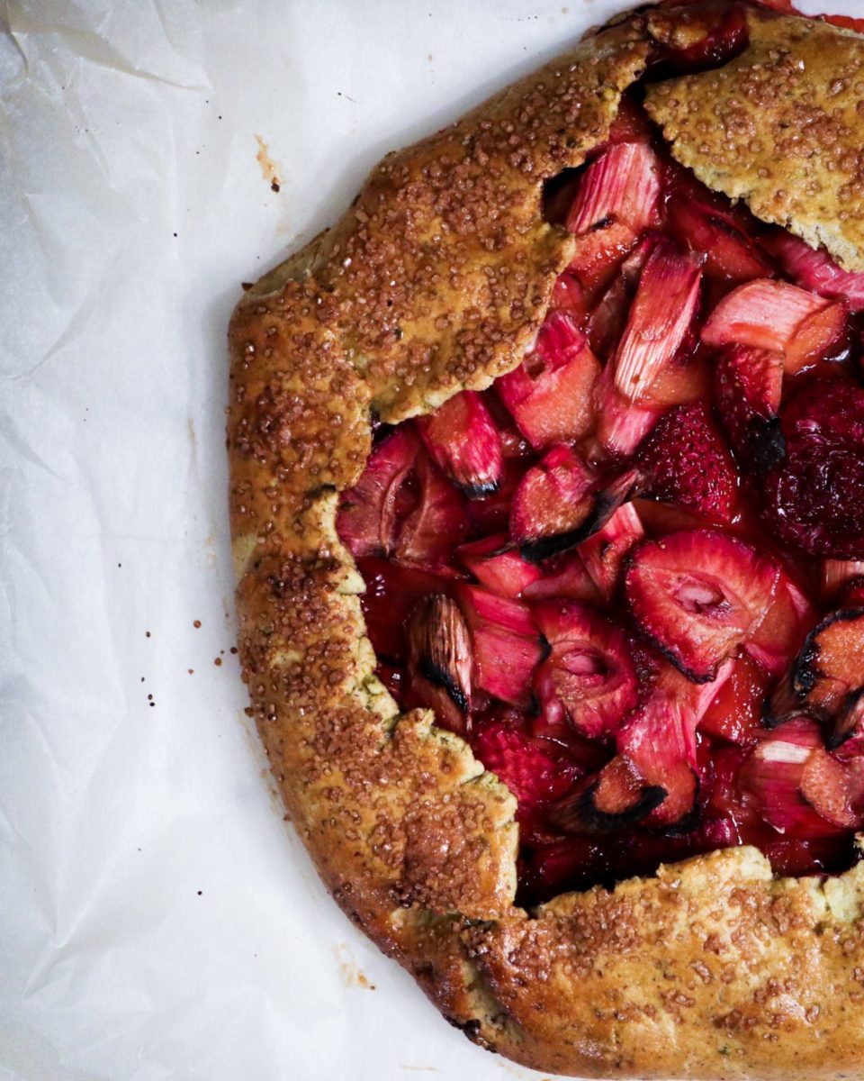 Rhubarb Strawberry Galette, picture taken as a flat lay