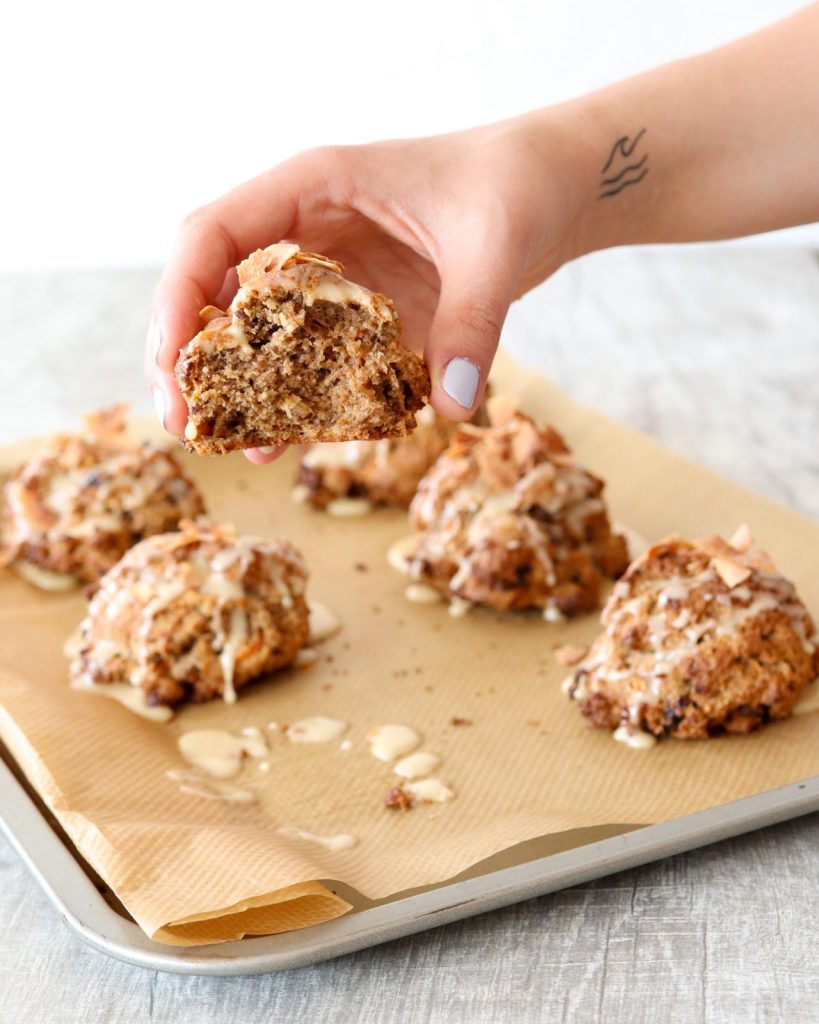 This carrot-cake scones are made with coconut, raisins, toasted pecans with honey-lemon glaze.