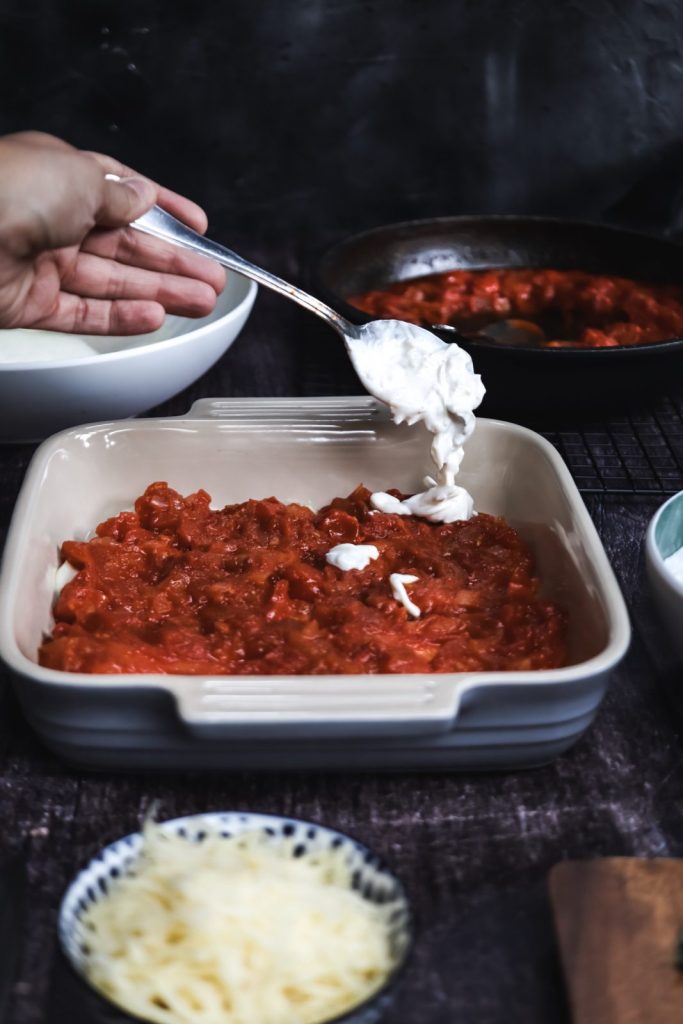 casserole lasagna with third layer of creamy cream cheese