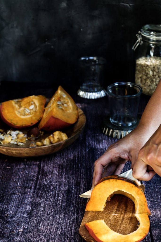 A pumpkin gets sliced