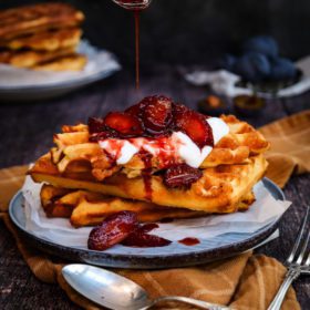 Waffles topped with roasted balsamic plums ; easy homemade waffles recipe, breakfast ideas , homemade waffles , brunch recipe