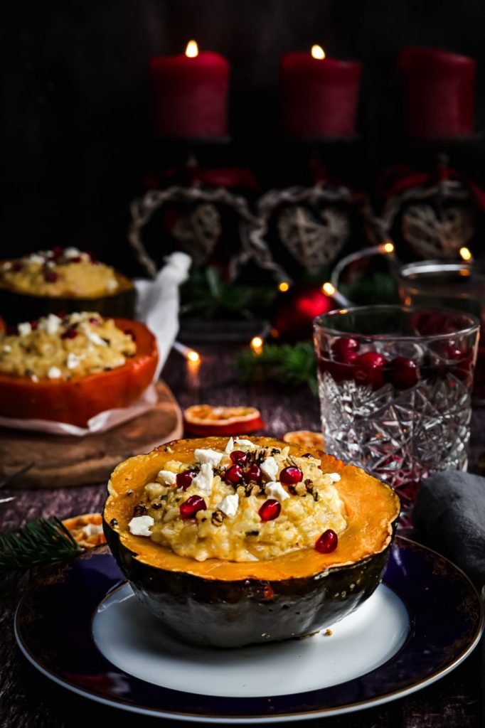 pumpkin risotto on a blue and white plate , vegetarian christmas recipe , holiday recipe , main course