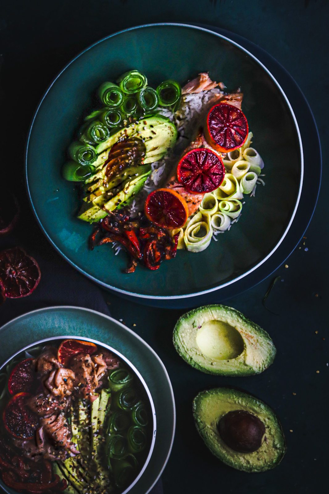 Blood Orange marinaded Salmon Rice Bowl with Veggies and honey soy sauce