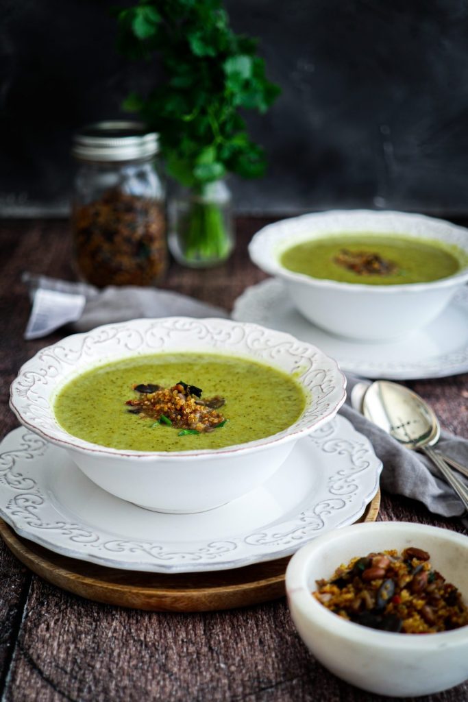 Broccoli Soup with Garlic Quinoa Crunch