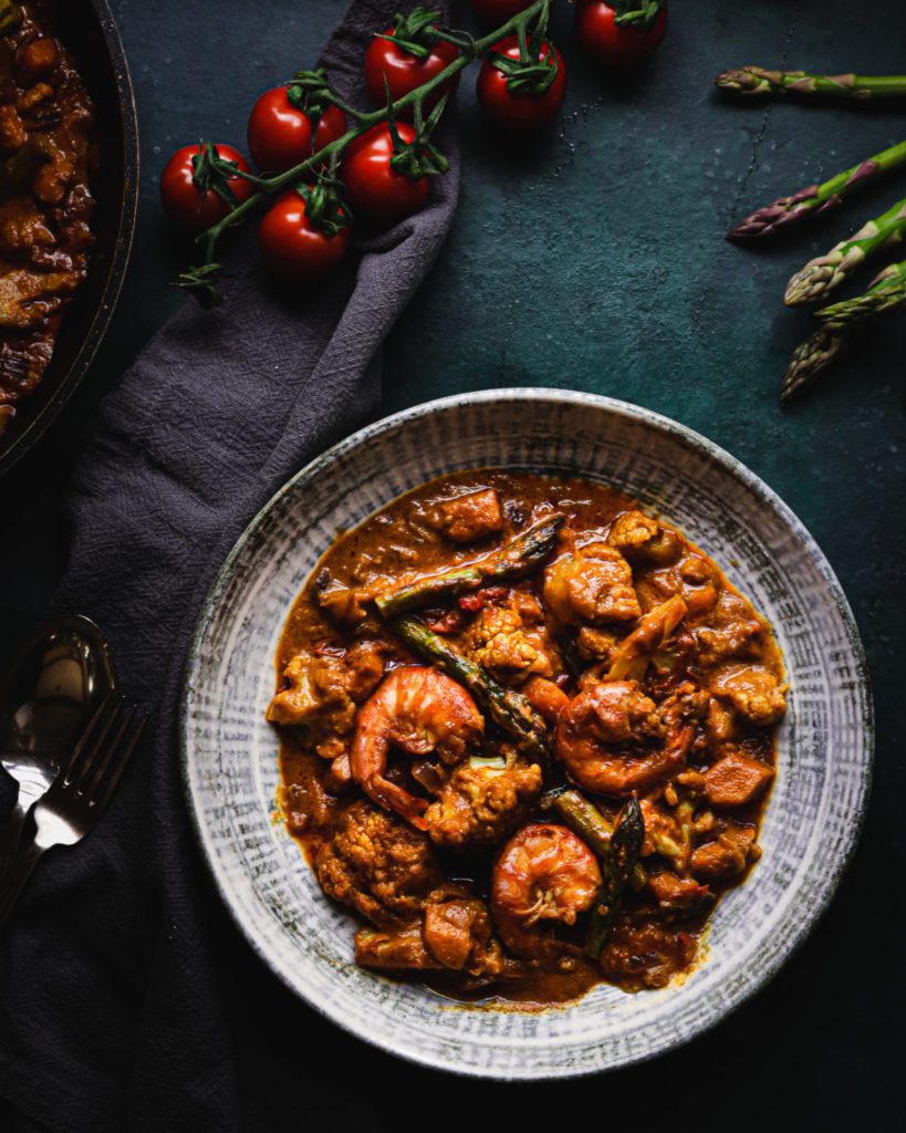 curry recipe, low carb recipe, asparagus, shrimps