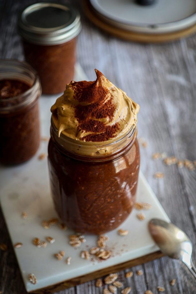 Chocolate Overnight Oats with Dalgona Coffee Topping
