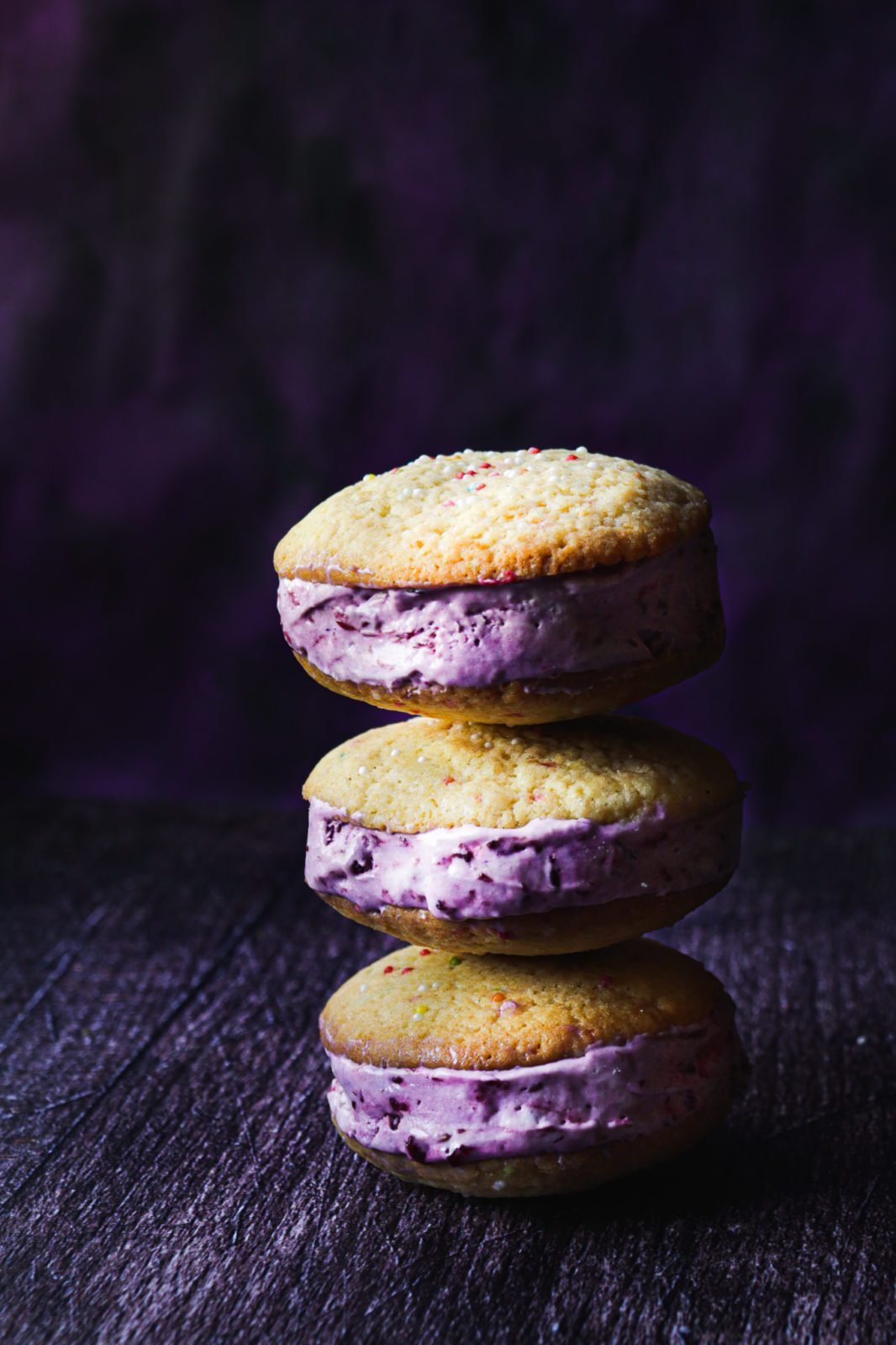 No churn Lavender- Blackberry ice cream sprinkle cookie sandwiches