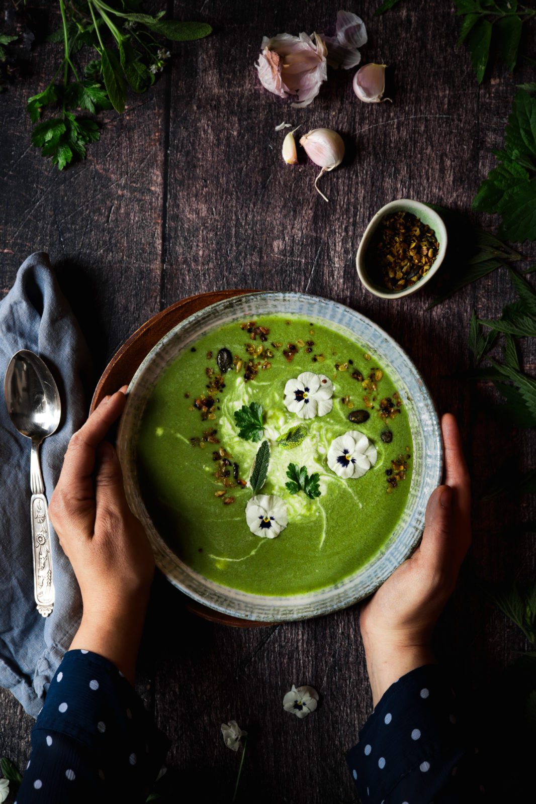 Creamy wild Nettle soup with garlic and parsley