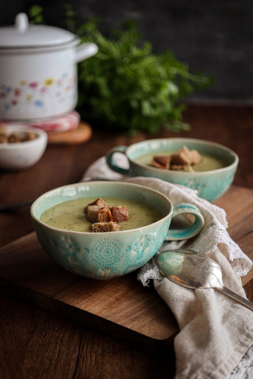 Easy Celery Soup served in two blue tea cups