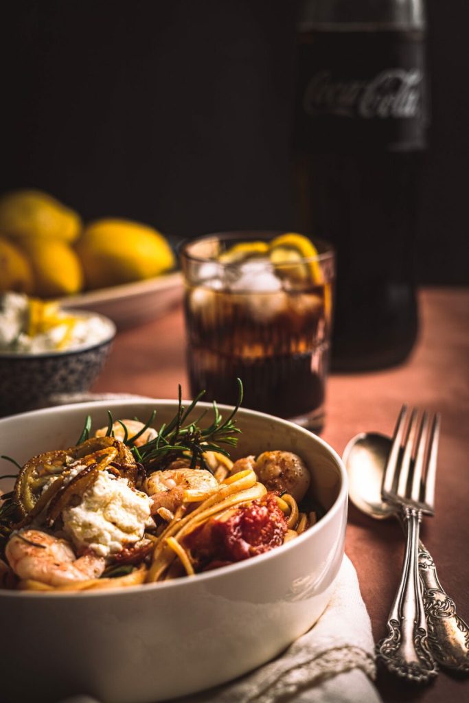 Tomato sauce, pasta recipe, summer recipe, shrimps, cherry tomatoes, rosemary, lemon, dinner recipe, date night